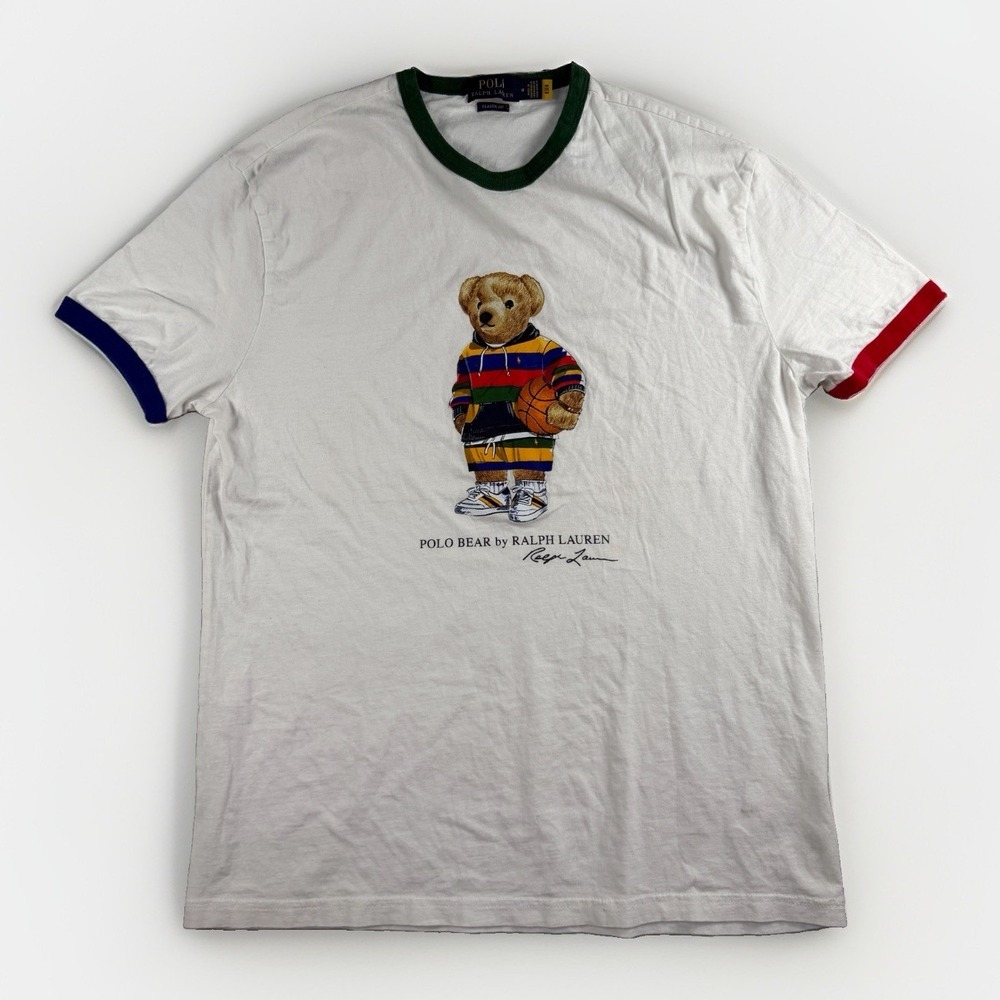 Ralph Lauren Polo Bear Shirt Mens M Short Sleeve Ringer T Basketball Preppy Ivy